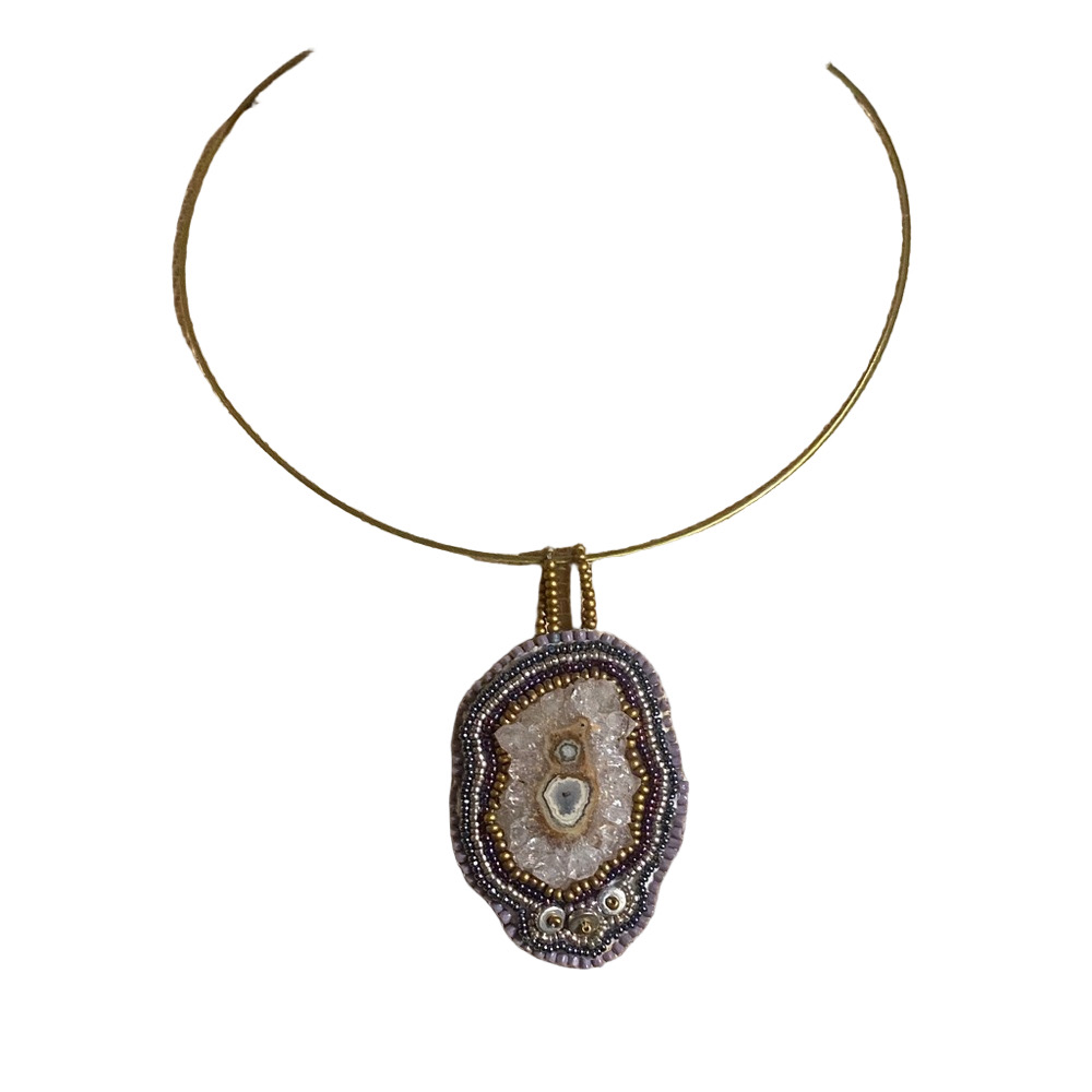 Handmade Amethyst Geode Slice Pendant Necklace Gold Choker